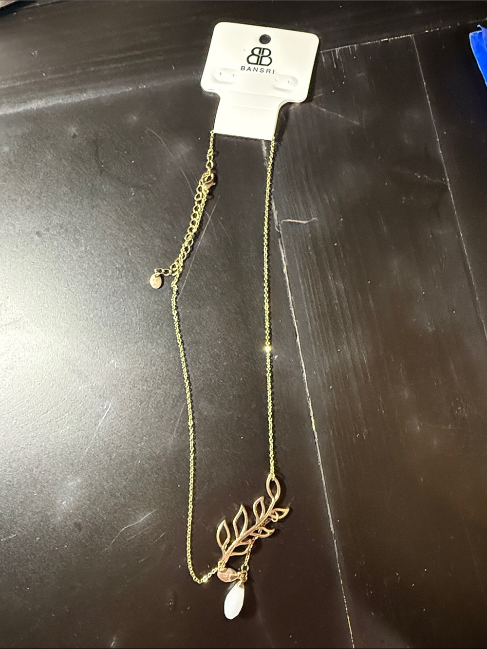 BANSRI Gold Leaf Necklace with White Teardrop Charm